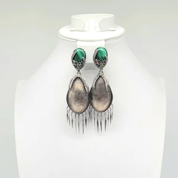 Alexis Bittar Gray Lucite and Malachite Glass Feather Earrings Clip On Silver